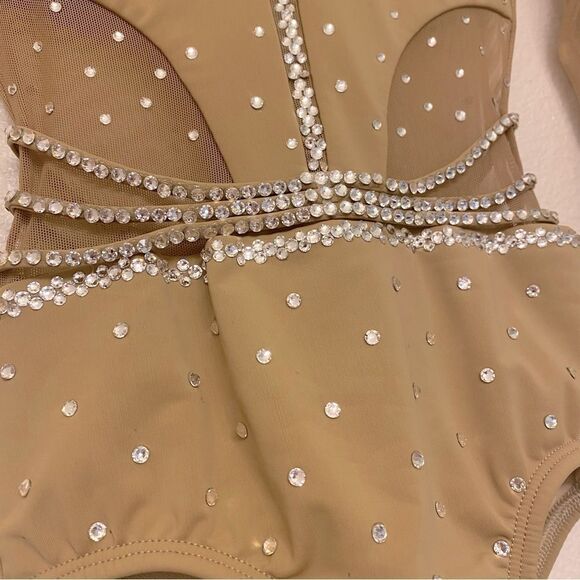 LA dance solo custom tan nude beige long leotard costume mesh rhinestones LC - Picture 11 of 16